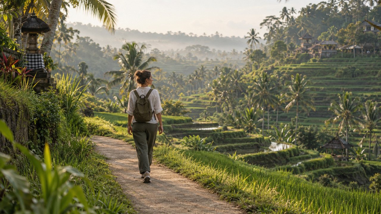 A woman walking through rice terraces in Bali
